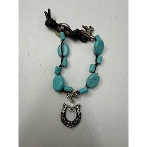 Western Turquoise Beaded‎ Horseshoe Star Charm Bracelet Leather Toggle Closure